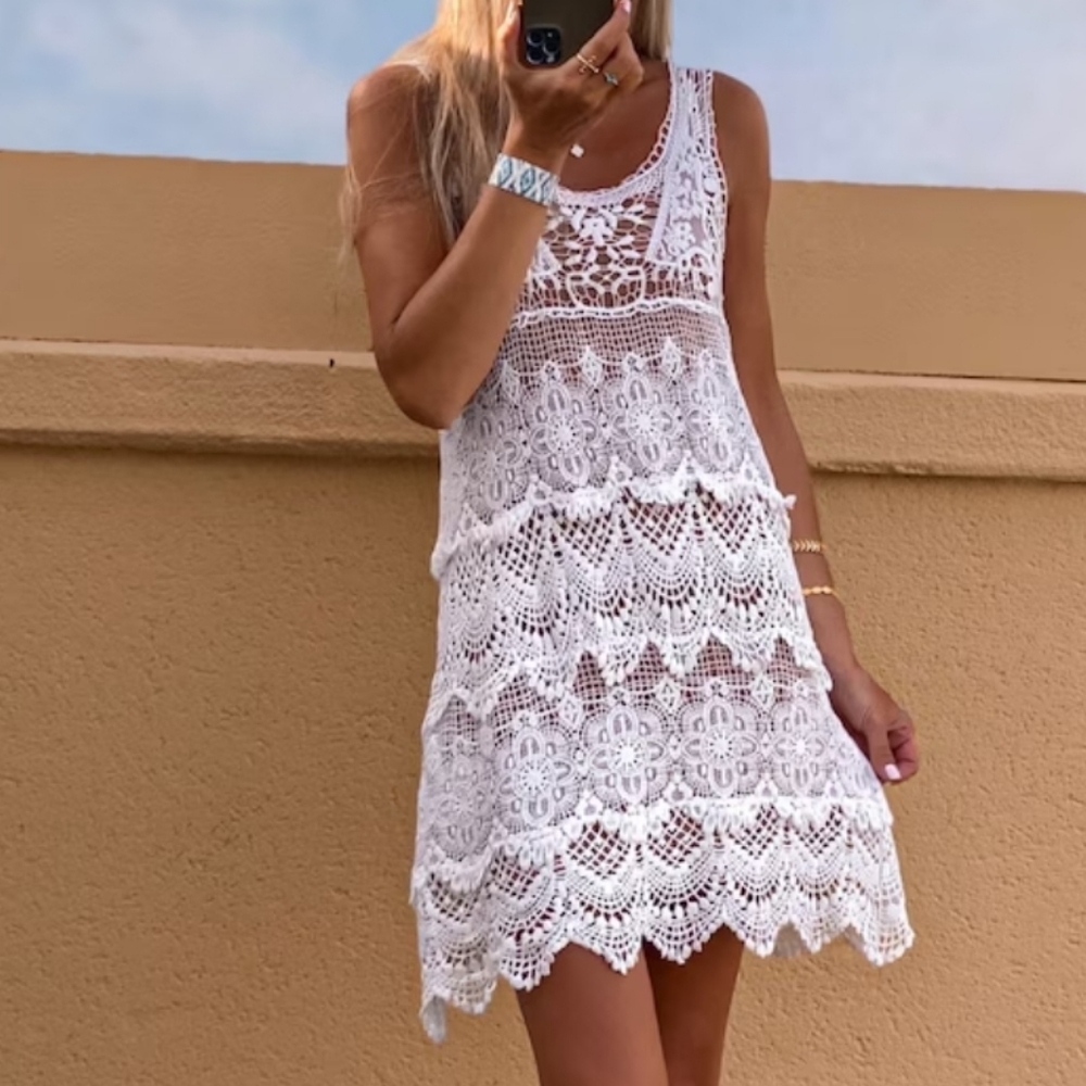 Dulcie Elegant White Lace Knit Crochet Tiered Dress - Picture 6 of 6